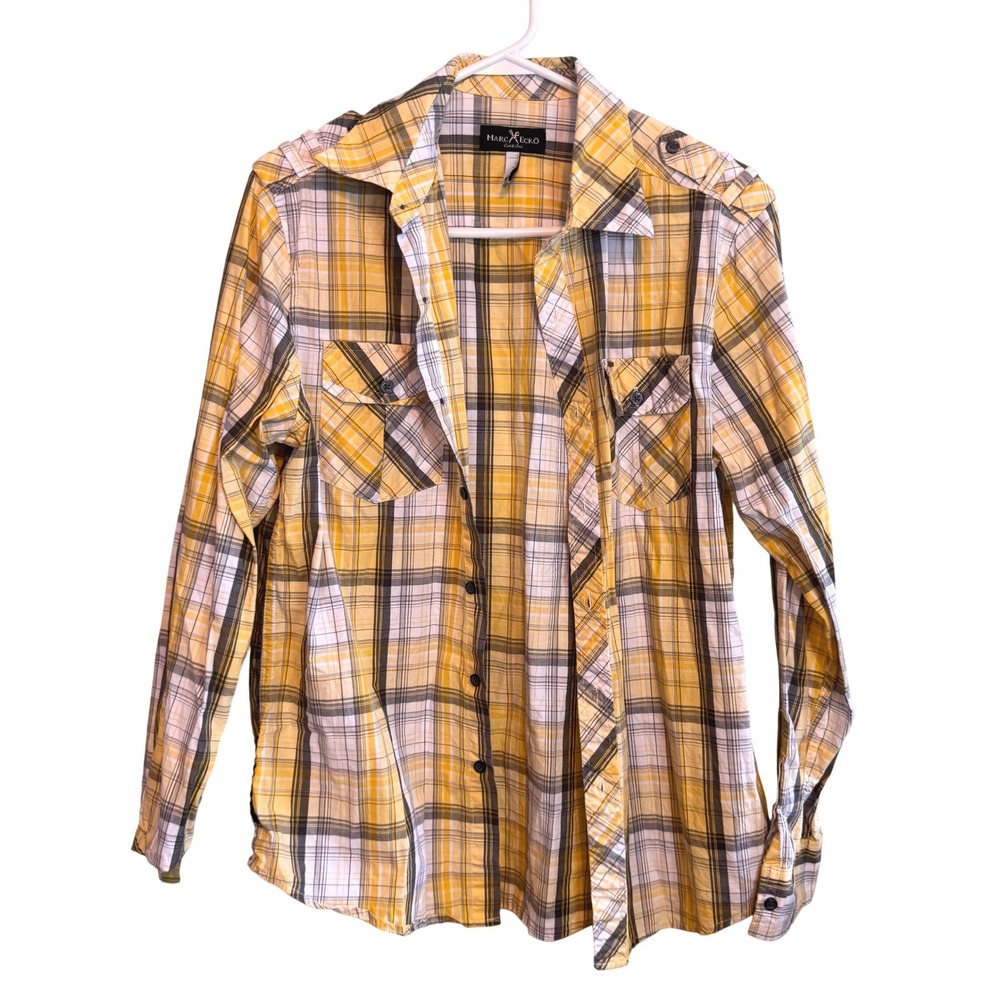 Marc Ecko Cut & Sew Mens Medium Yellow Black Plaid Button Down Shirt Epaulets